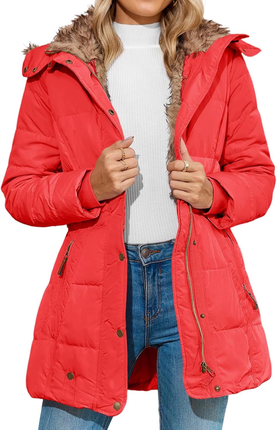 Womens Winter Coats Warm Quilted Fleece Lined Down Jacket Fashion Slim Fit Zip Up Snow Parka Windproof Insulated Coat