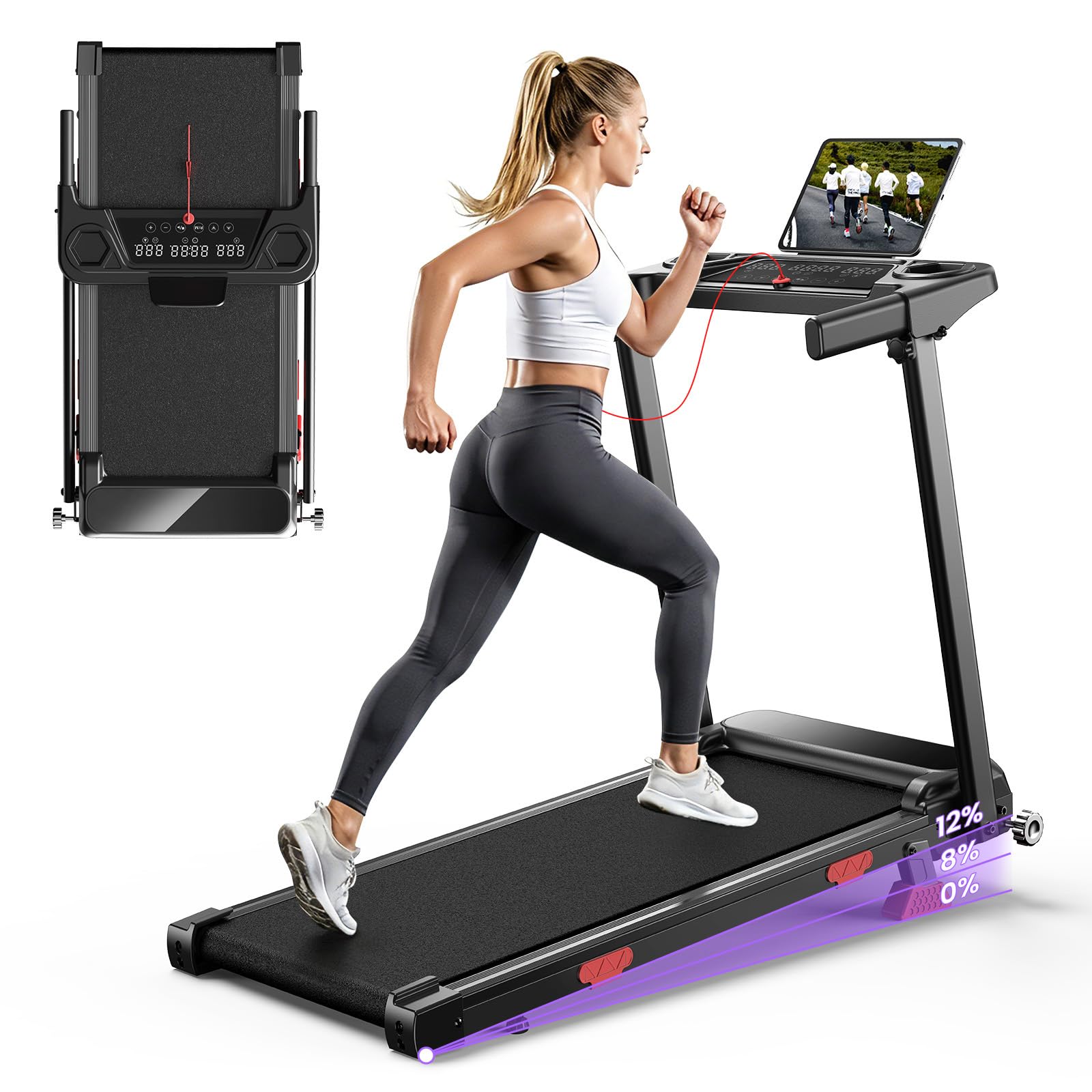 bigzzia Foldable Treadmill with 12% Incline, 12km/h Treadmills with Handle Bar for Home, App Control, 3HP Running Machine for Heavy People, 180kg Capacity, Large Running Belt and Touch Screen