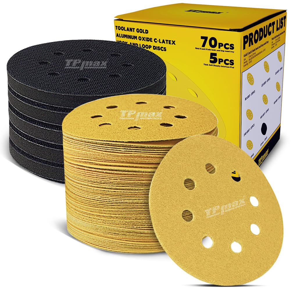 70PCS 5 Inch 125mm 8 Hole Sanding Discs Sandpaper Mixed Grits with 5 Pack Hook and Loop Soft Density Interface Pads for Random Orbital Sander (80, 120