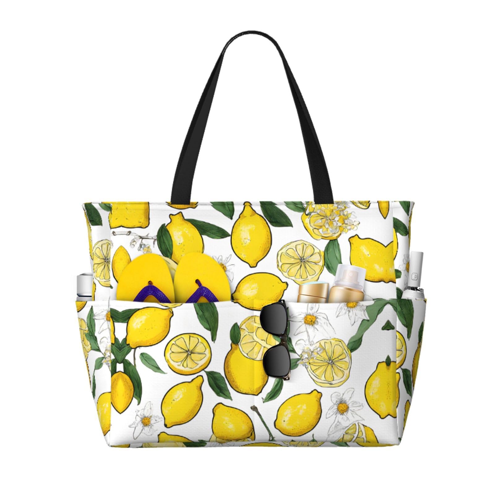 quopvn Yellow Lemons Print Large Capacity Beach Travel Bag Spacious And Durable Tote For Beach, Travel, And More!