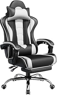 Yaheetech Silla de Oficina Silla Gaming con Reposapies Silla Ergonómica con Ruedas Silla Ordenador Ajustable Silla con Soporte Lumbar Capacidad MAX 136 KG Blanco