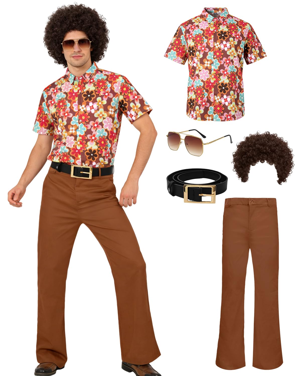 minkasic Mens 70's Disco Outfit Retro 70s Mens Hippie Costume for Adults 70's Theme Clothes for Parties Orange M