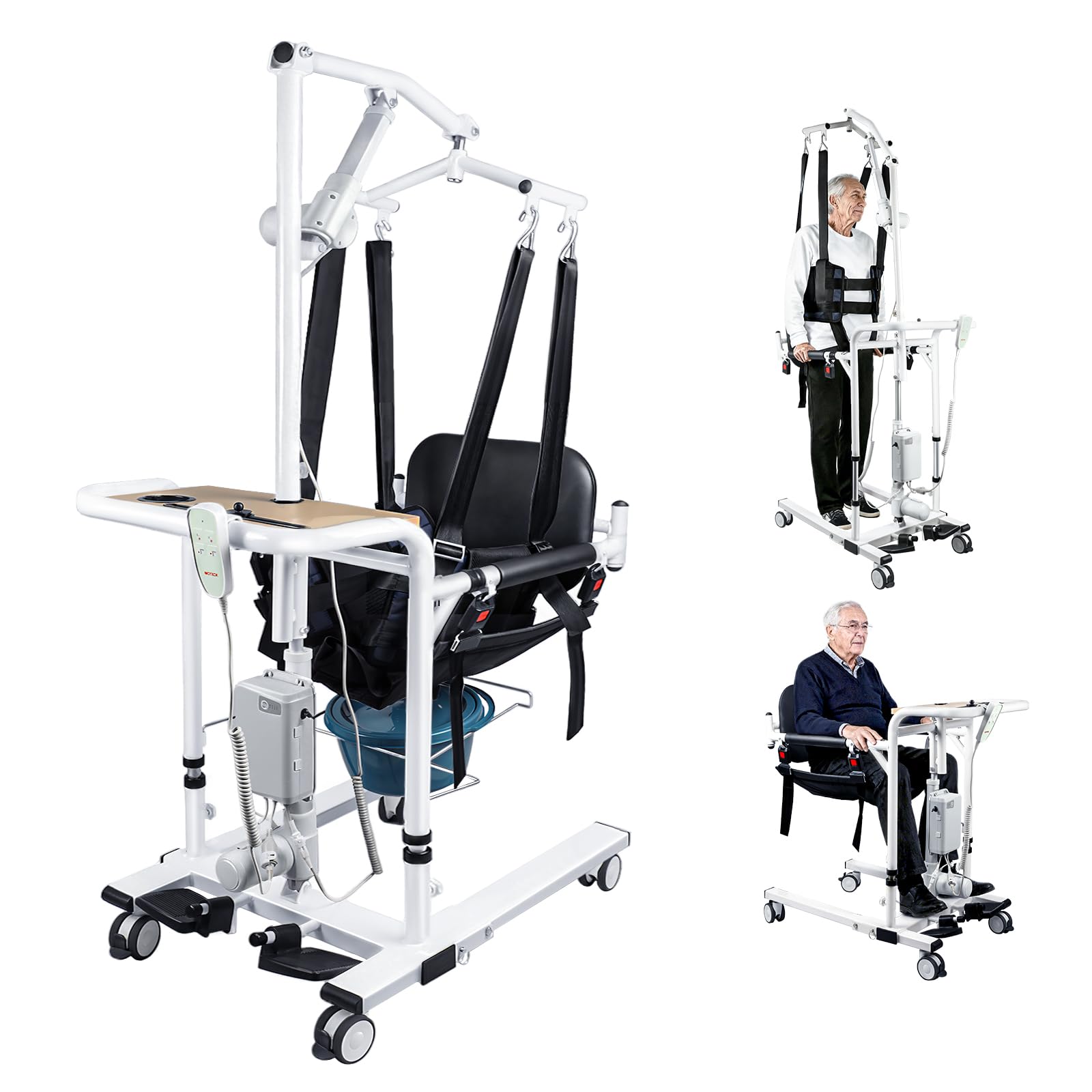Patient Lift Transfer Chair, 5 in 1 Patient Lift Chair with 180°Split Seat, Height Adjustable Patient Transfer Chair with 4 Casters for Home Seniors Elderly, Load 450Lbs (Electric with Hanger, Silver)