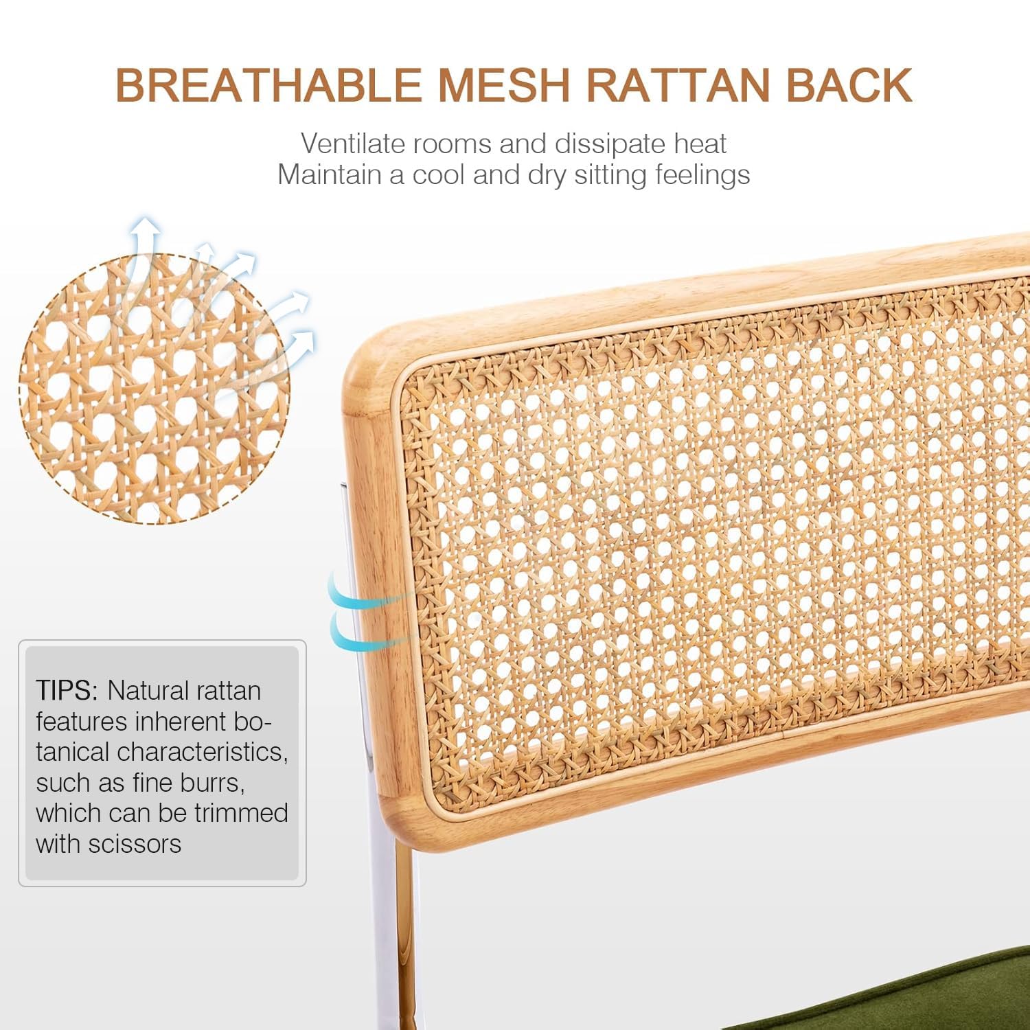 Zesthouse Mid Century Modern Dining Chairs Set of 4, Natural Rattan Dining Chairs with Solid Wood Back & Chrome Base, Upholstered Velvet Fabric, Green