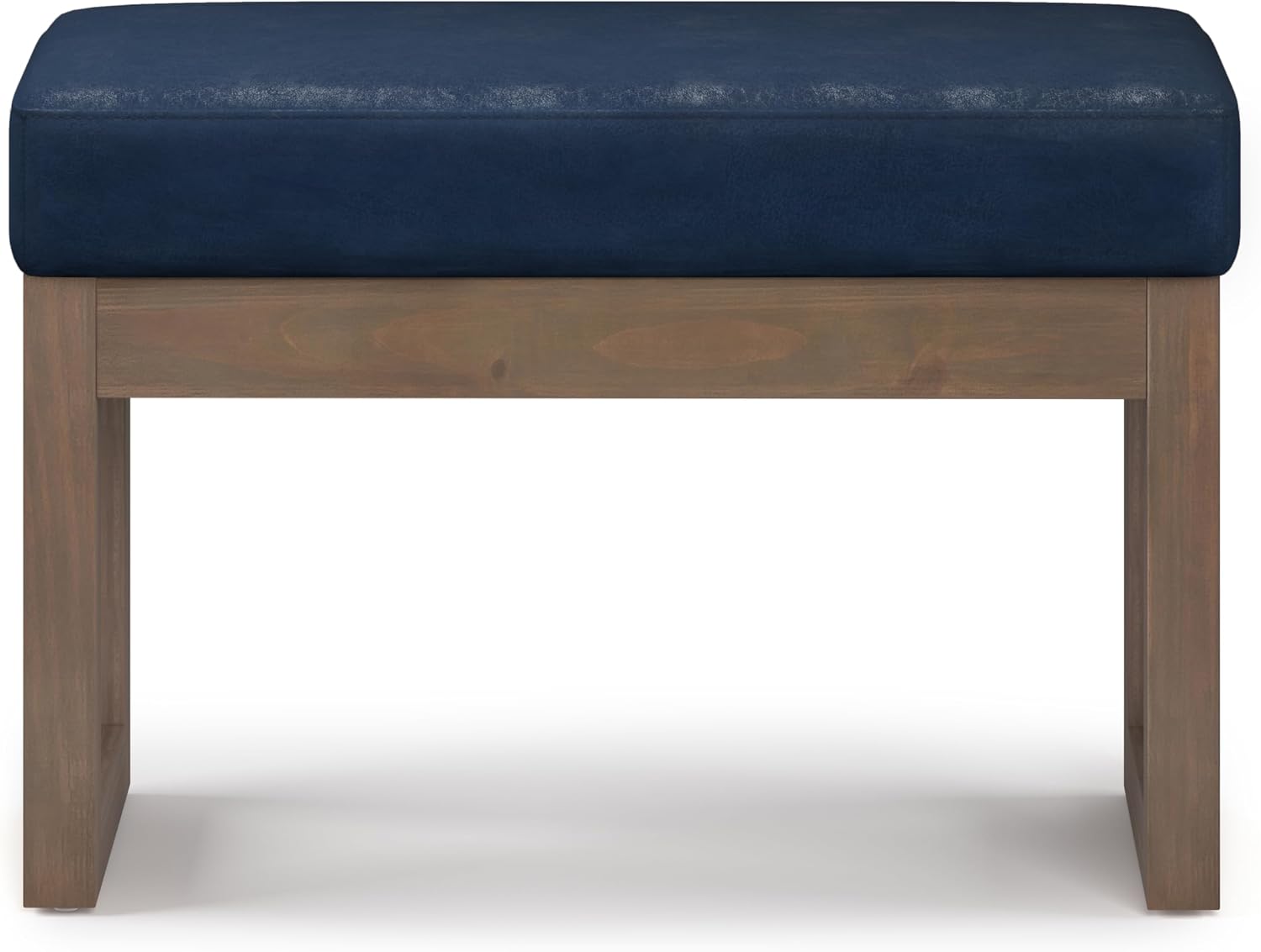 SIMPLIHOME Milltown Small Ottoman Bench - 27" Wide x 18" High Upholstered Vegan Leather Rectangle Footstool Ottoman in Distressed Dark Blue, Contemporary Bench with Cushioned Seat, Assembled