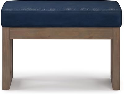 SIMPLIHOME Milltown 27 inch Wide Contemporary Rectangle Footstool Ottoman Bench in Distressed Dark Blue Vegan Faux Leather, Assembled, for the Living Room and Bedroom