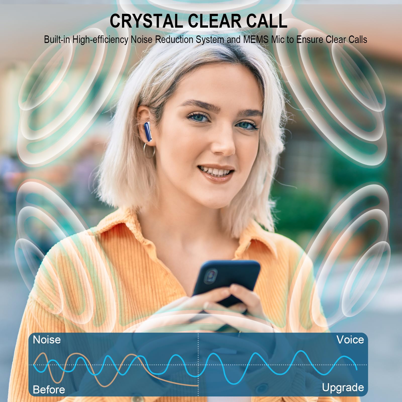Cuffie Bluetooth, Auricolari Bluetooth 5.3 con 4 HD Mic, 48Ore Stereo HiFi Cuffie Wireless in Ear, 3g Ultra Leggero/IP7 Impermeabili, Cuffiette Bluetooth Senza Fili per Android (Seconda Generazione)
