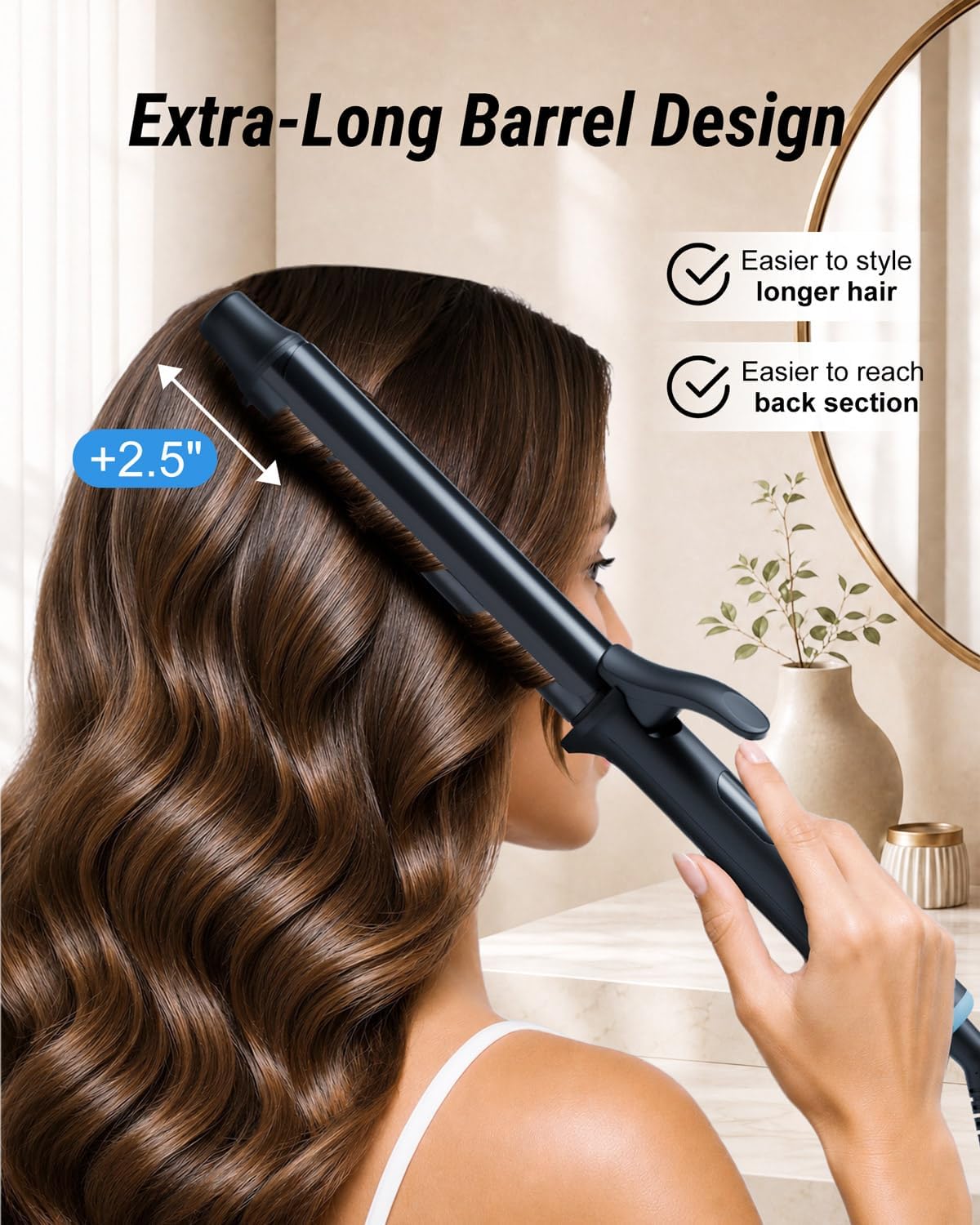 NOVUS Extended Barrel Curling Iron 1.25 Inch - Long Barrel Hair Curler with 6 Heat Settings (250℉-430℉), Ceramic Ionic, 96W Fast Heating in 30s, Cool-Tip Design, 30-Min Auto Shut-Off, 360° Swivel Cord