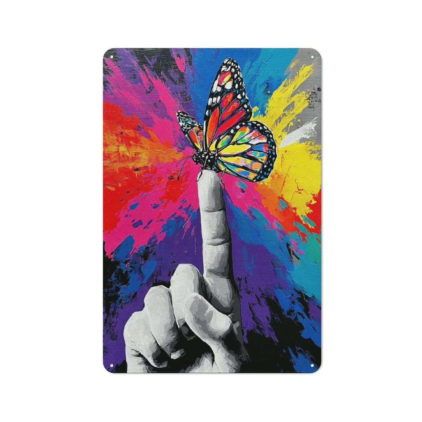 Junmoney Colorful Butterfly On Finger Painting Classic Metal Plaque 30X20cm Featuring Bistro Wall Plaque For Kitchen, Cafe, Pantry Or Dining Room