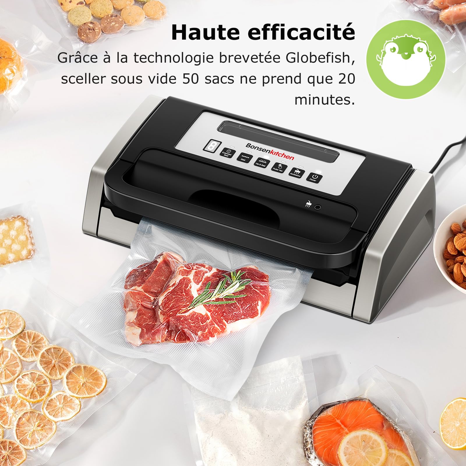 Bonsenkitchen Machine Sous Vide Alimentaire, Puissante et Silencieuse, Technologie Globefish pour un Travail Continu, Conception avec Poignée Verrouillée, Cutter Intégré, Noir