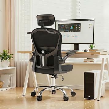Ergonomic Office Chair with Headrest and Adjustable Lumbar Support, Mesh Back Computer Desk Chair, Flip-Up Armrest, 360 Swivel Rolling Chair for Home Office Study GamingBlack