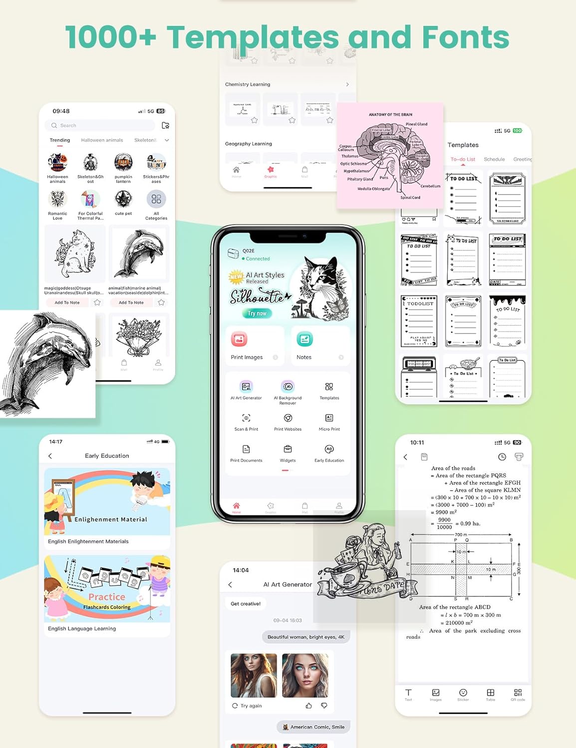 Memoking Q02E Pocket Mini Thermal Bluetooth Sticker Printer Combo with Thermal Paper(3 White + Pink Purple Orange), 50mmx3.5m for Study Graphics, Anatomical Diagrams, Students, Green