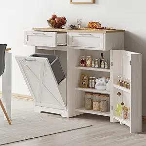 DWVO Tilt Out Trash Can Cabinet, 10 Gallon Kitchen Garbage Cabinet with 2 Drawers & Adjustable Shelves, Trash Bin Cabinets for Kitchen Living Room, Off White