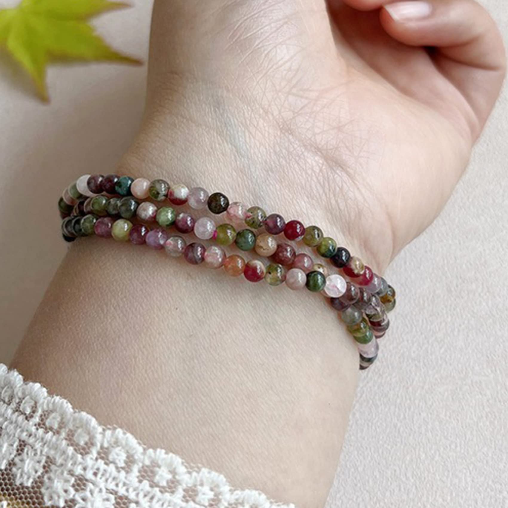 Brazalete encantado Grano de Buda natural Turmalina Pulsera de 3 círculos Pulsera de la suerte Feng Shui Pulsera de cuentas elástica Pulsera de cristal del amuleto de la suerte Amuleto de la riqueza B
