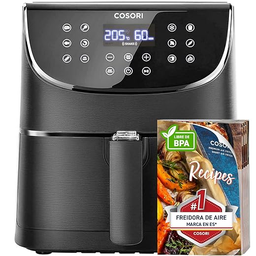 COSORI Freidora de Aire 5,5 L, Air Fryer con 100 Recetas en Español, Freidora sin Aceite con 13 Funciones, Pantalla Táctil LED, Cocción Rápida y Saludable, Cesta Antiadherente, Temporizador, Negra