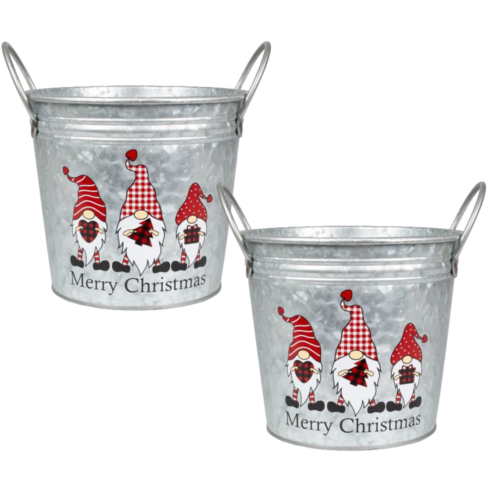 Fyne-Finds Multicolor Merry Christmas Tin Pail Gnome Gonk 18Cm, 7Inch Plant Pot Handles 2.6L Festive Planter Decor Xmas Gift (2)