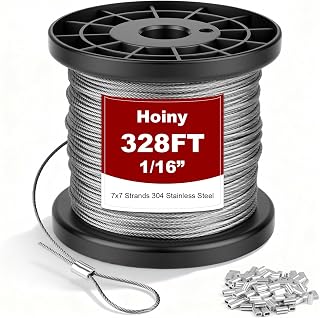Hoiny 328FT 1/16" 304 Stainless Steel Wire Rope Kit with 100 Crimping Sleeves - 7x7 Heavy Duty Cable, 300lbs Breaking Strength for Lights, Clotheslines, Trellis