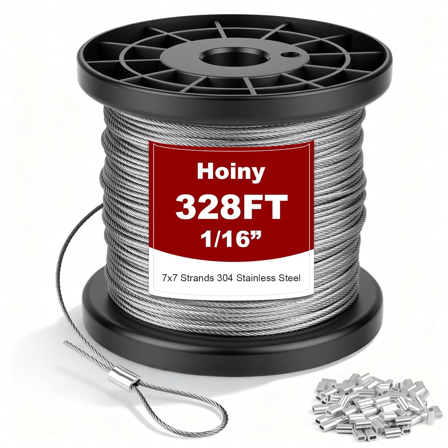 Hoiny 328FT 1/16" 304 Stainless Steel Wire Rope Kit with 100 Crimping Sleeves - 7x7 Heavy Duty Cable, 300lbs Breaking Strength for Lights, Clotheslines, Trellis