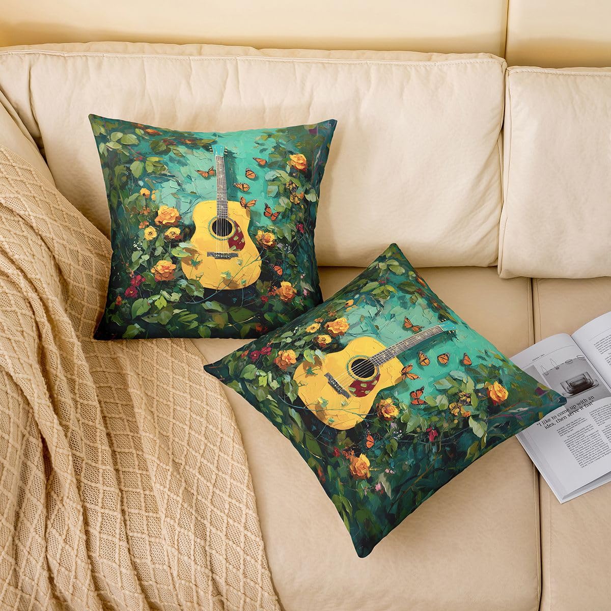 Homewish Juego de 4 fundas de almohada de guitarra musical, 20 x 20 pulgadas