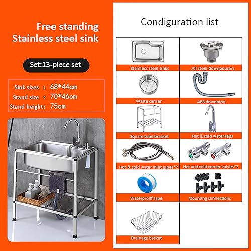 Miniatura 2 de QQXX Fregadero de cocina comercial de un solo cuenco juego de fregadero de acero inoxidable independiente con grifo de agua fregadero al aire libre