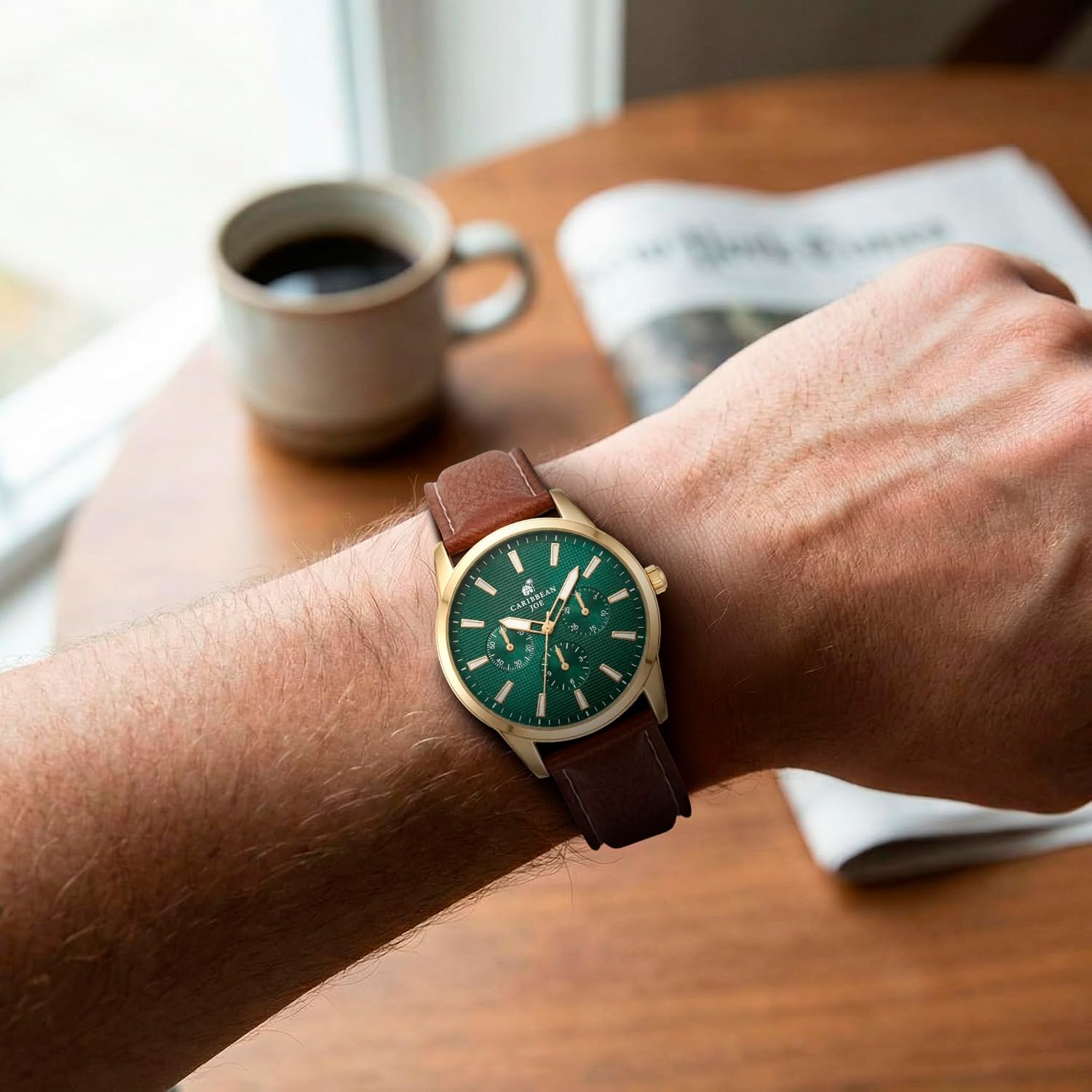 CARIBBEAN JOE Men’s Analog Watch with Green Textured Dial, Gold-Tone 42mm Round Case, Decorative Subdials, Brown Vegan Leather Strap, Quartz Movement, Casual Dress Wrist Watch