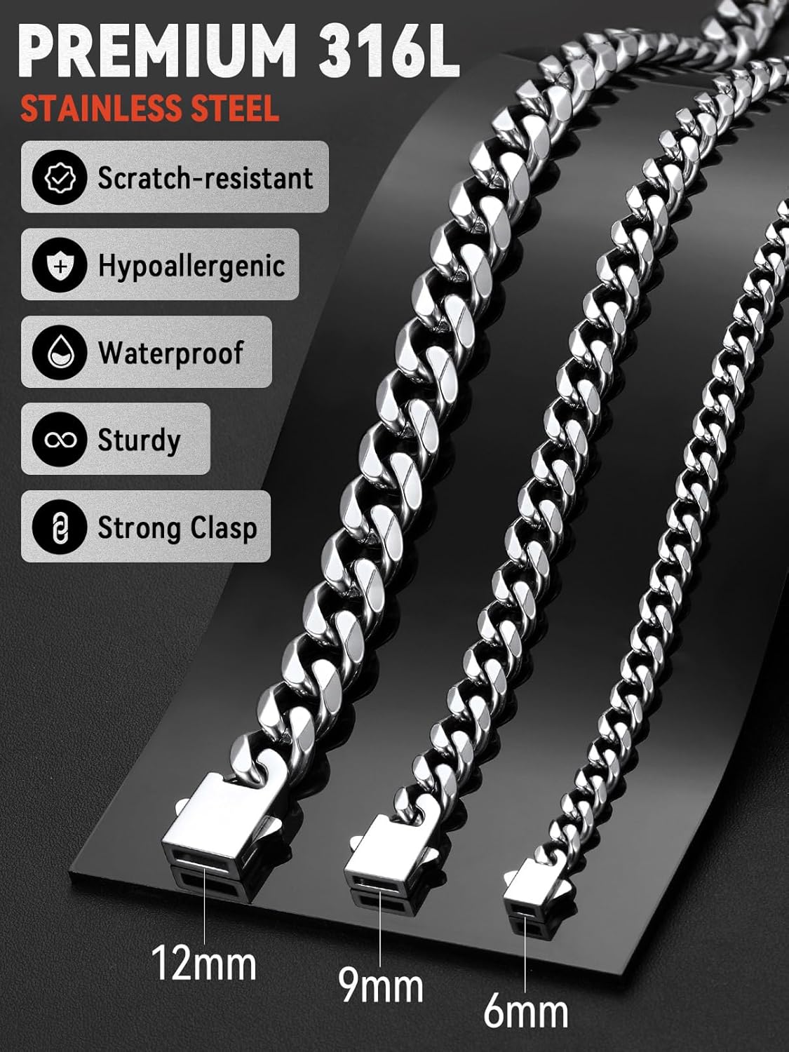 FaithHeart Mens Stainless Steel Cuban Link Chain Necklaces - No Tarnish Durable Chunky Miami Cuban Chain, 6/9/12mm Trendy Width Hip Hop Chains Upgrade Clasp Jewelry Gift for Him 18"-30" - Image 4