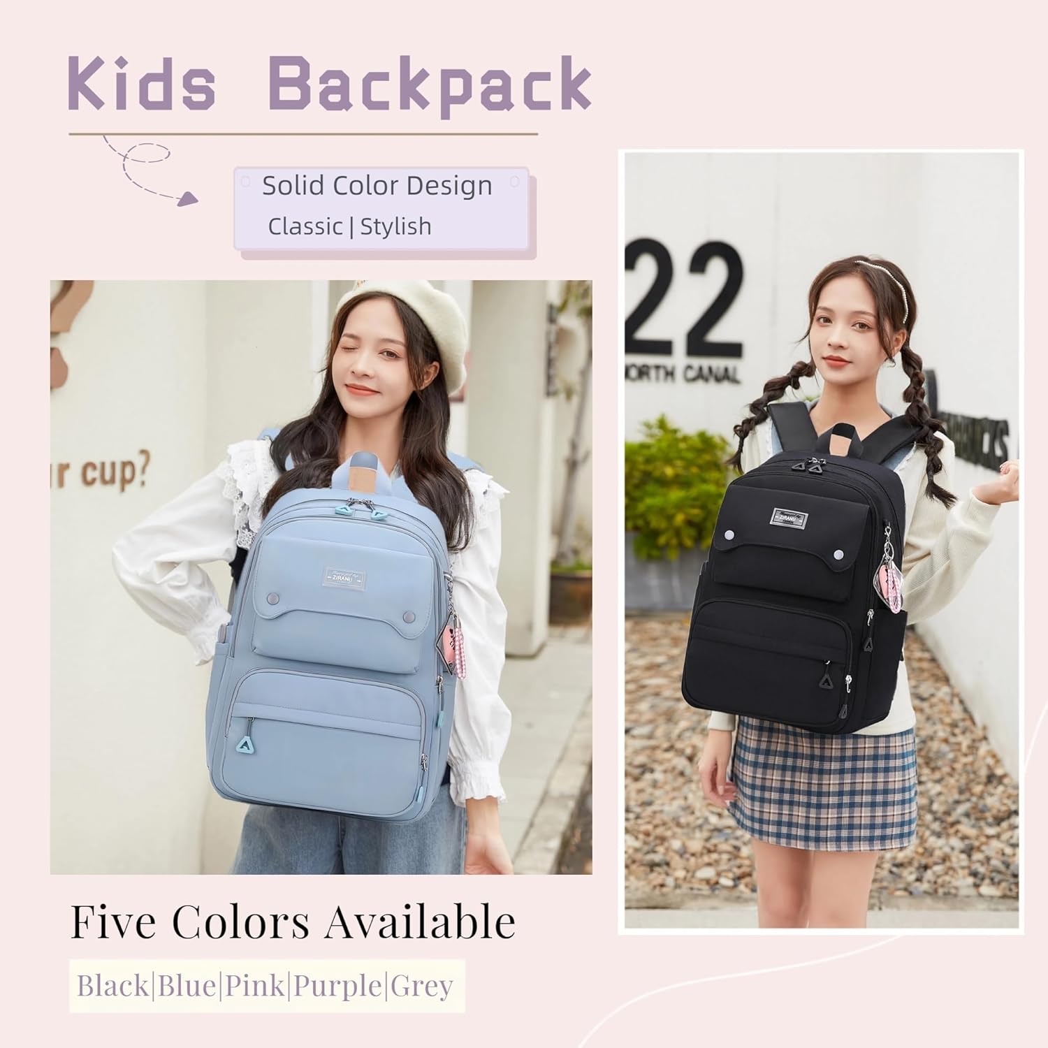 Black Kids Backpack for Girls, Middle School Bag Teen Girls Backpack Multi-Pocket Bookbags - Image 2