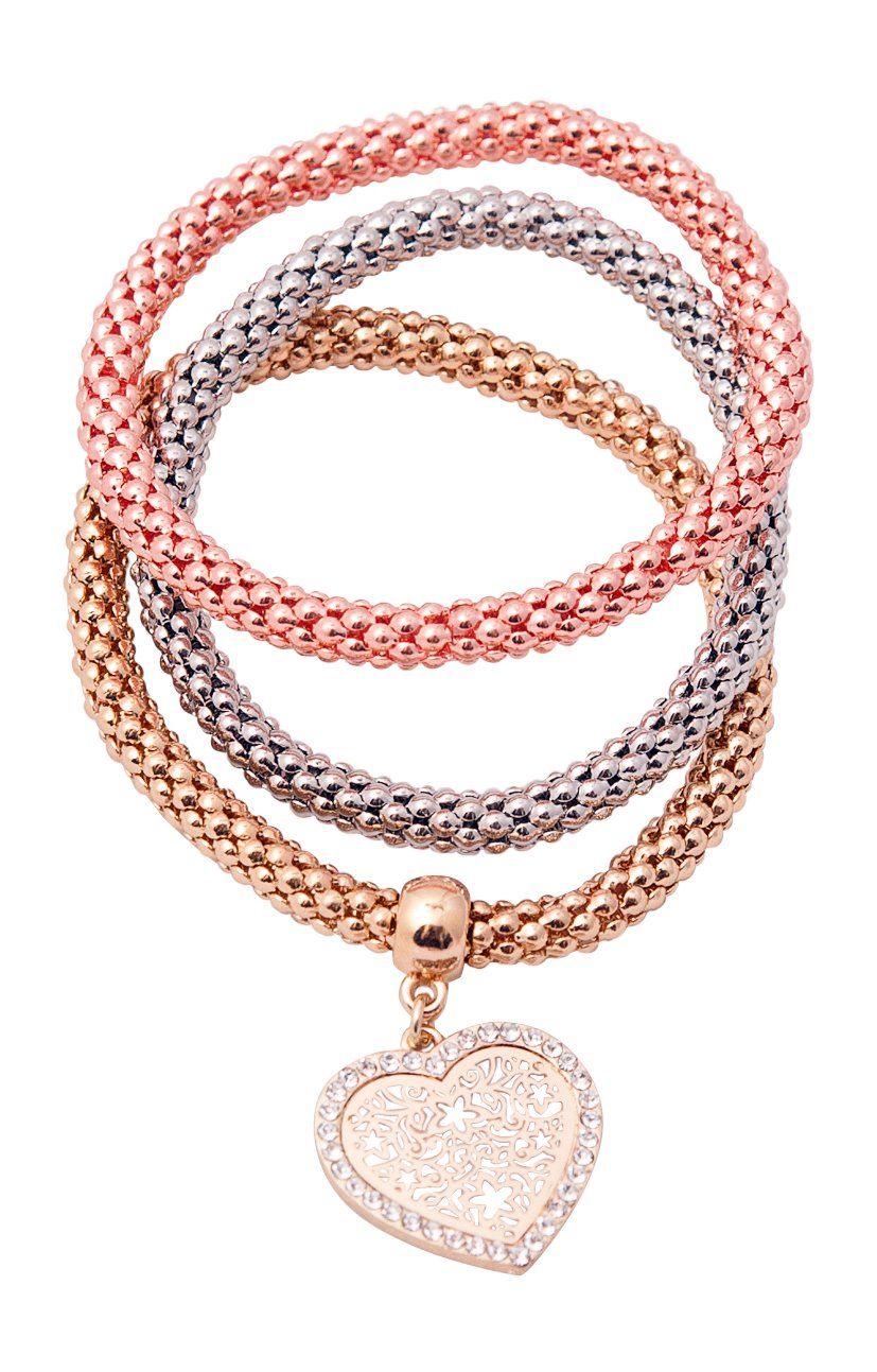3 Multilayer Heart Stretch Bracelets Stackable Mesh Women Hanging Rhinestone Charm Tri-Tone
