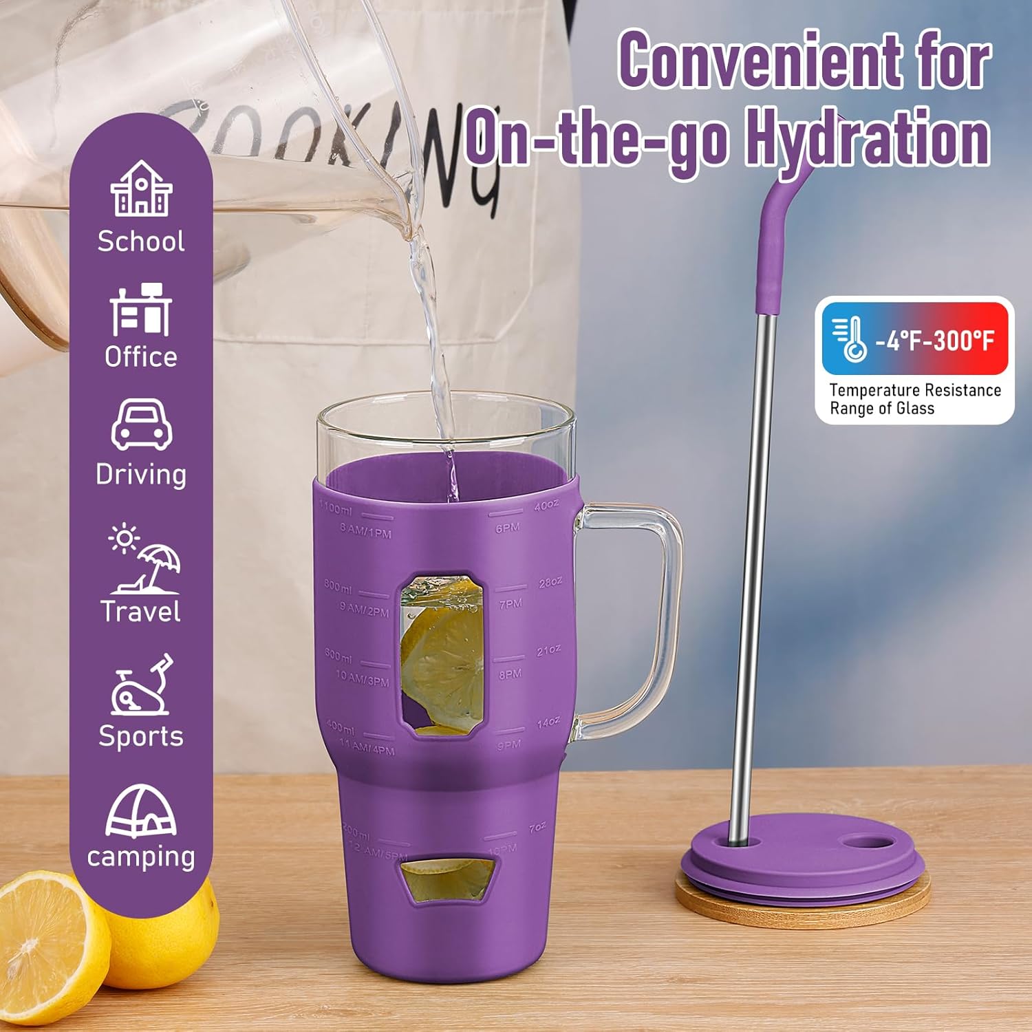 Glass Cups with Handle and Bamboo Lids - 40 oz Tumbler with Stainless Steel Straw | Glass Water Bottle with Silicone Sleeve for Coffee, Smoothi, Hot, Cold Drinks for Travel, Office, Home (Purple) - Image 2