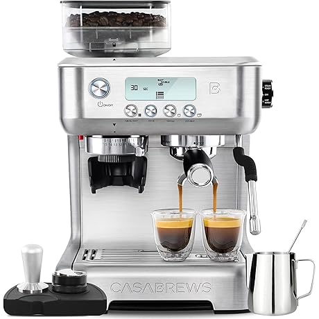 Casabrews Automatic Espresso Machine with Grinder, 20 Bar Pump, LCD Display and Milk Frother