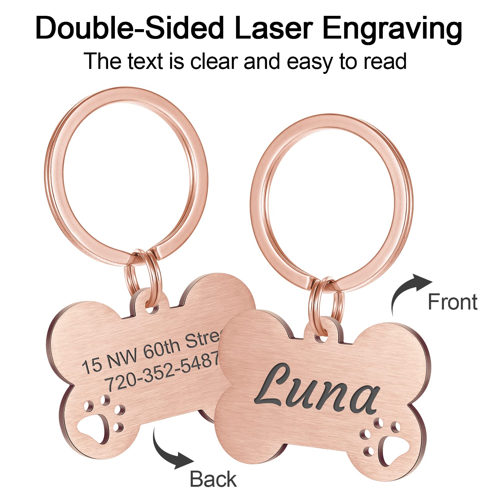 Natiform Personalized Pet ID Tags, Brushed Stainless Steel Dog Tags, Up to 4 Lines of Custom Text Engraved on Both Sides, Hollowed Paw Bone Shaped Collar Pendant(L Rose Gold)