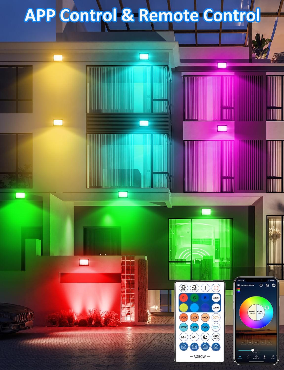 NATPOW Faretto LED per esterni 60W, faretti led esterno con telecomando e controllo app Bluetooth, dimmerabile proiettori che cambia colore, IP66 impermeabile per giardino, cortile, feste (2 pezzi)