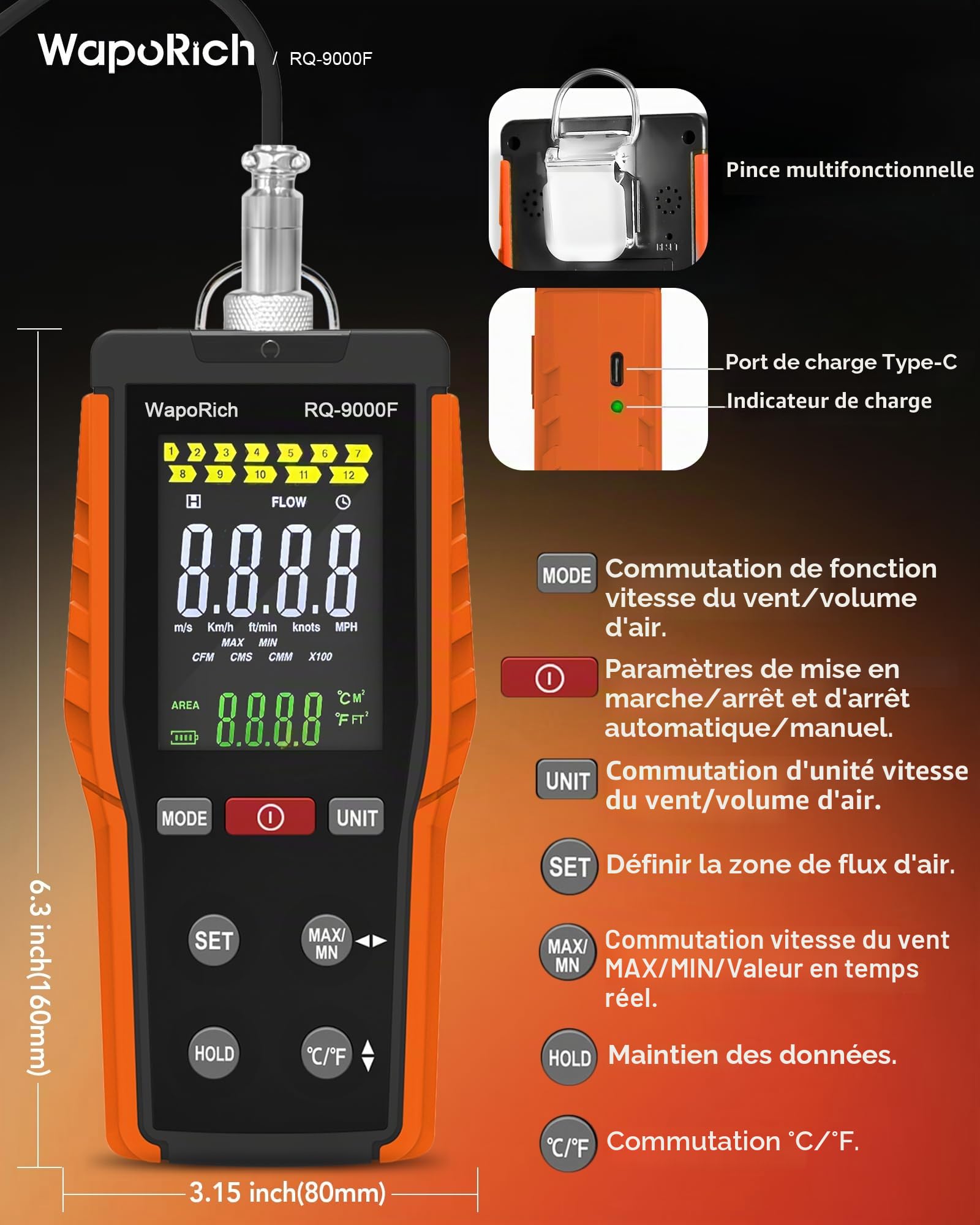 Anémomètre à Fil Chaud, WapoRich Thermo-Anemometre VMC Portable, Mesure Vitesse du Vent 0,1-30 m/s, CFM/CMM/CMS 0–999900, avec MAX/MIN pour Conduits HVAC - RQ-9000F