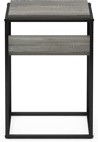 Miniatura 6 de Furinno Mesita de noche lateral simplista con tubos de acero inoxidable, marco de metal apilable, gris roble francés