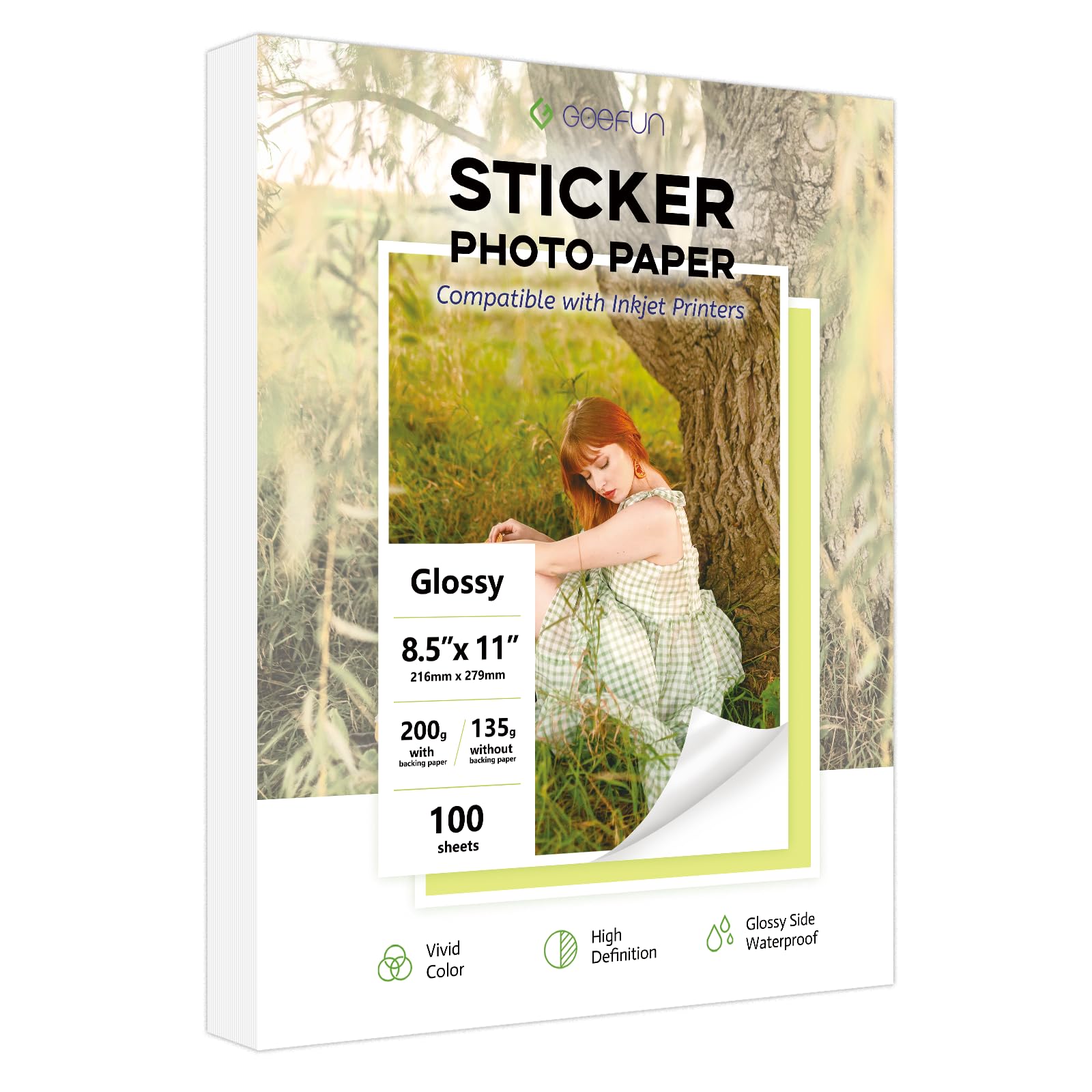 Glossy Sticker Paper for Inkjet Printer, Goefun Self-Adhesive Printable Photo Paper 8.5 x 11, 100 Sheets
