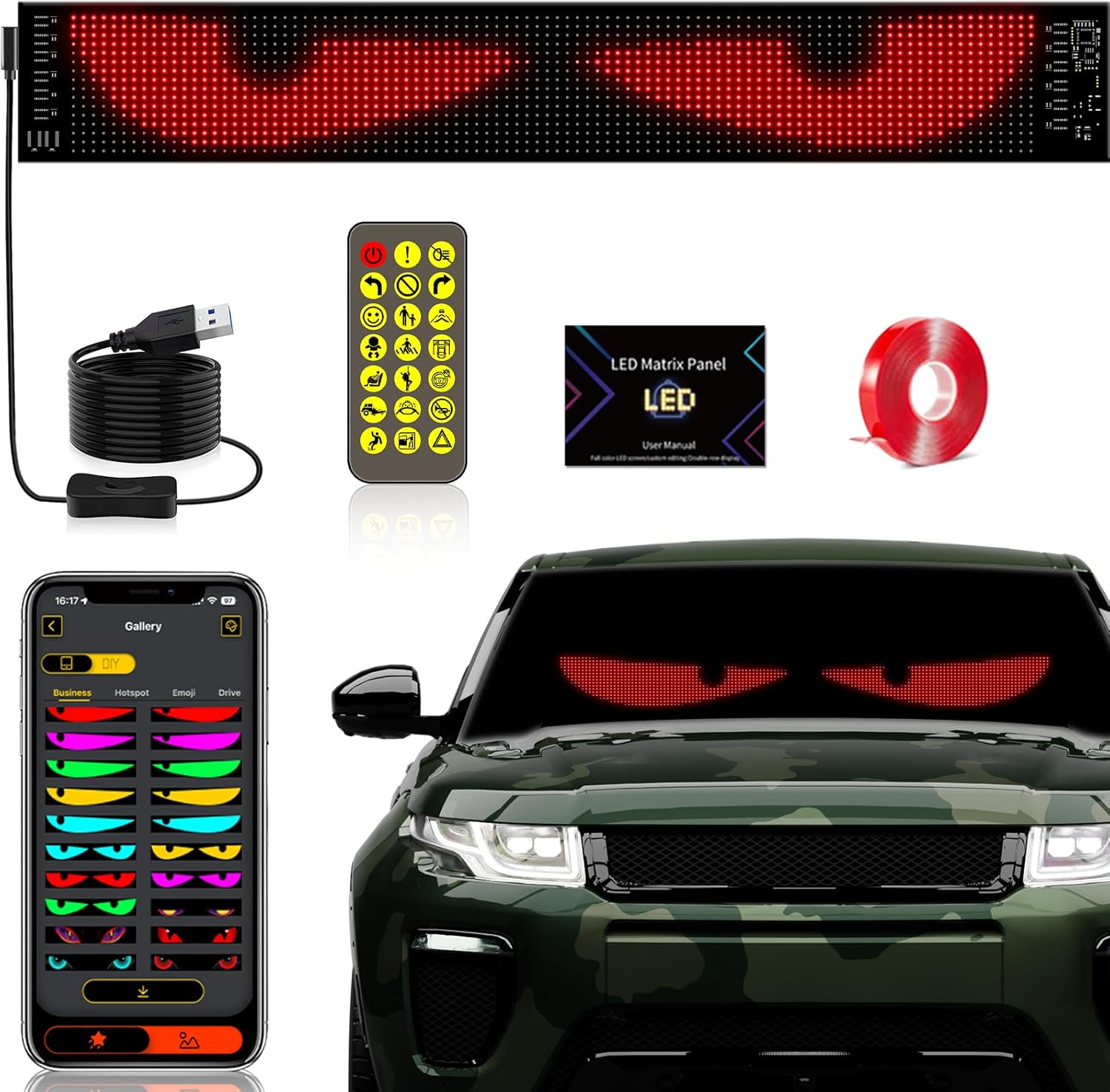 Devil's Eye:23.42"x4.72" Programmable ojos led para carro Windshield Display for Sedans, SUVs & Medium Trucks - USB-Powered LED Matrix Panel, Remote/App Control, Custom Car