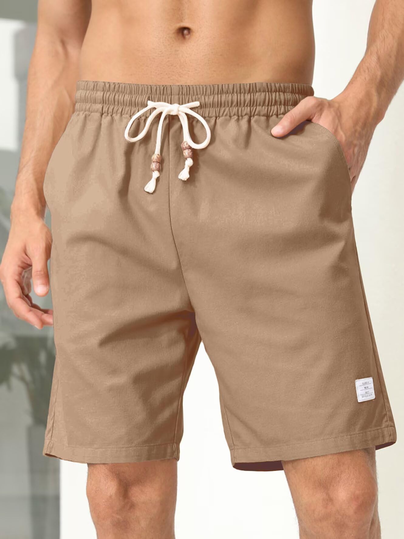 Mens Summer Beach Shorts Linen Loose Fit Flat Front Elastic Waist Drawstring Lightweight Golf Dress Shorts 7"