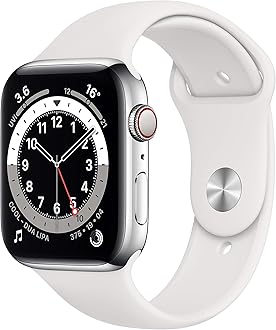 New Apple Watch Series 6 (GPS + Cellular, 44mm) - Silver Stainless Steel Case with White Sport Band