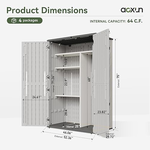 Miniatura 6 de Aoxun Cobertizo de almacenamiento de resina para exteriores con kit de estantería de metal y piso, gabinete de almacenamiento vertical impermeable