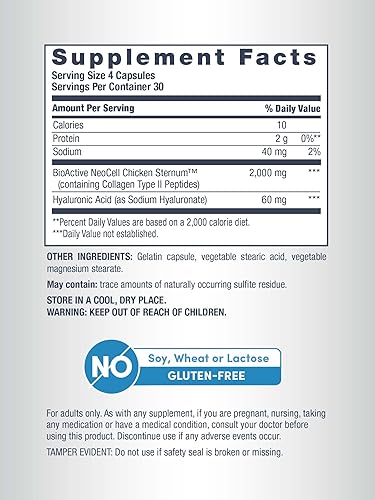 Miniatura 4 de NeoCell Complejo articular con colágeno tipo 2 y ácido hialurónico, más glucosamina y condroitina, suplemento de salud articular, cápsula, 120