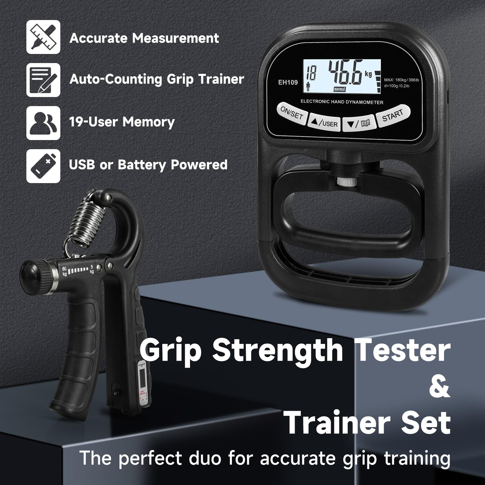 Juego de medidor digital de fuerza de agarre y entrenador, dinamómetro de mano LCD con memoria de 19 usuarios, USB o batería + ejercitador de agarre electrónico con reinicio de 1 toque, regalo