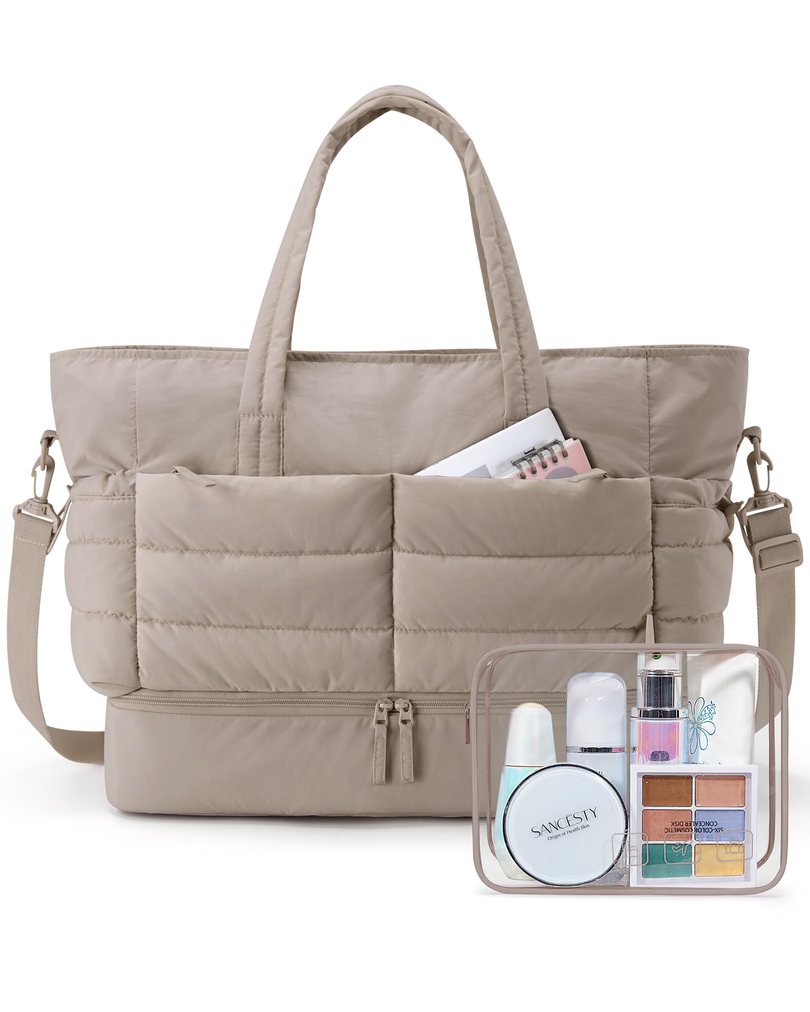 BAGSMART Large Travel Duffel Bag with Shoe Compartment Puffer Carry-On Gym Weekender Bag for Women Tan