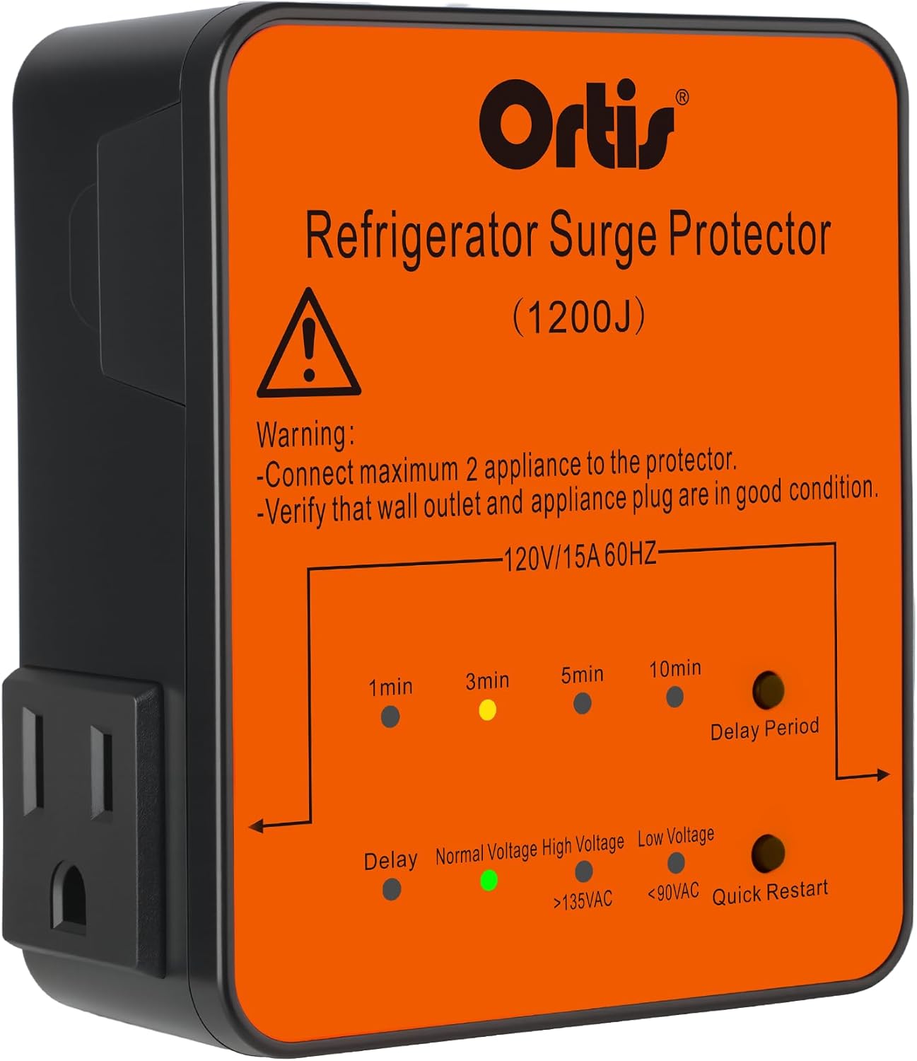 Refrigerator Surge Protector 2-Outlet 1200J, Ortis Voltage Protector for Refrigerator with Delay Start, Quick Restart & LED Indicator, Side Plug, Fridge Guard for Large Fridge 27+ Cu.Ft, Orange
