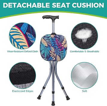 Folding Cane with Seat,Adjustable Walking Stick for Seniors,Lightweight Walking Cane with LED Light,Height Adjustment Cane Seat,Portable Cane Chair,Sturdy Crutches Stool,Supports up to 250 lbs