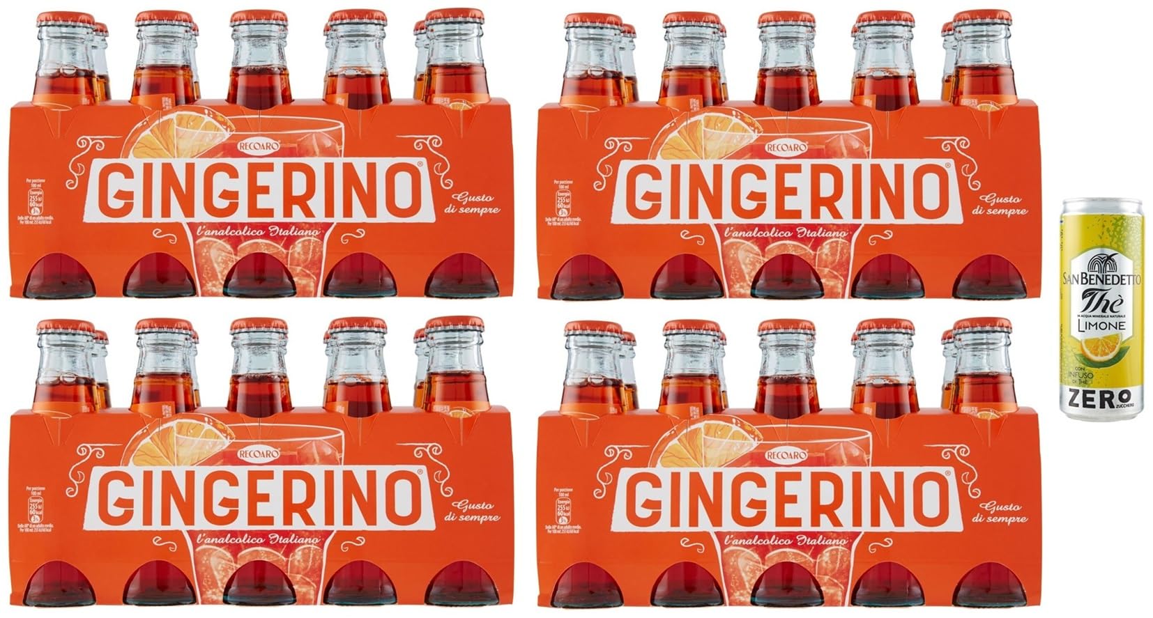 Gingerino Recoaro Lot de 40 bouteilles jetables en verre pour apéritif italien Ginger 10 cl + 1 boîte de thé glacé San Benedetto au citron sans sucre 330 ml
