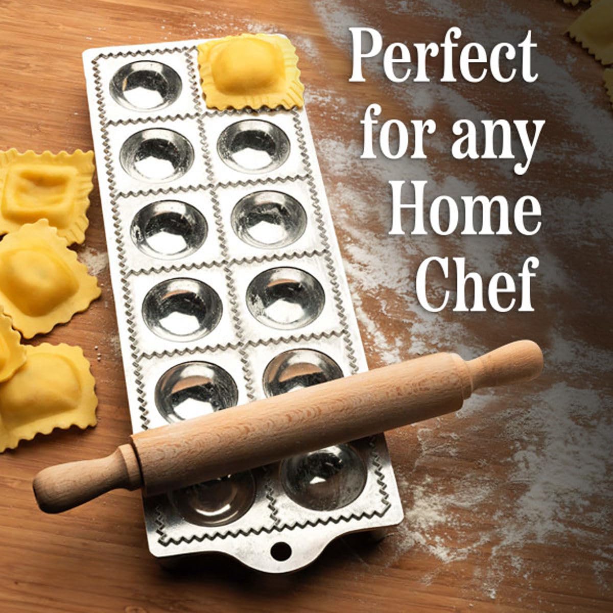 Kings County Tool - Molde redondo para raviolis | Produce forma redonda de 2 pulgadas | Fácil de usar | Rodillo de madera para pasta incluido | Inserto de pie de goma antideslizante | Necesidad de