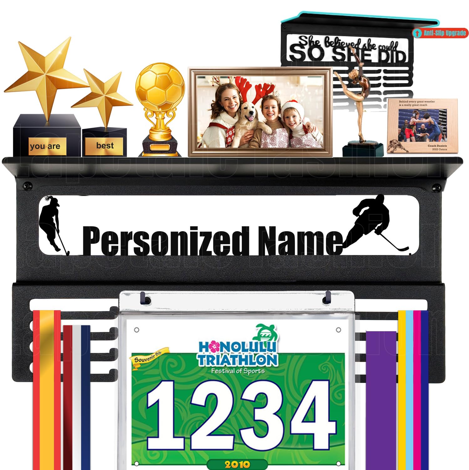 Personalized Medal Hanger Display with Trophy Shelf