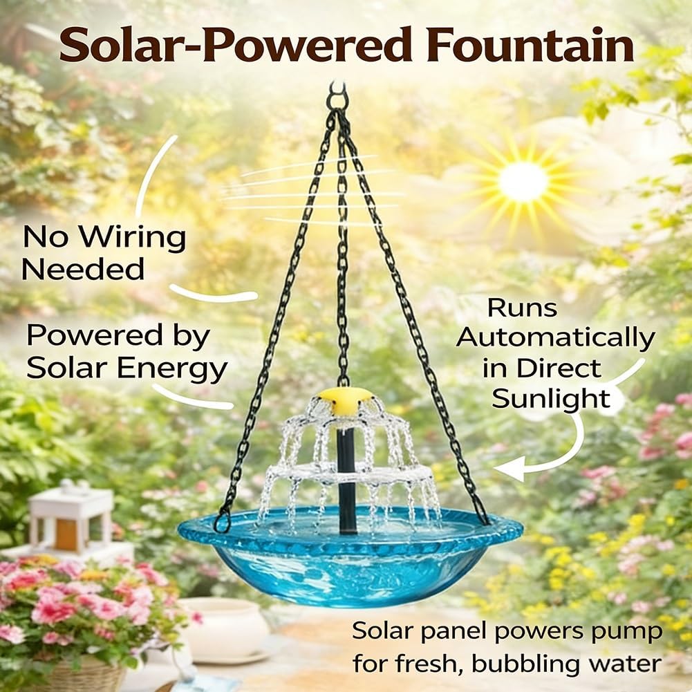 Solar Cascade Hanging Bird Bath Fountain Outdoor Hanging Birdbath with Solar Pump Large Glass Bowl Hummingbird Baths Fountain Water for Patio Yard Balcony Tree Backyard Garden Decor Gift
