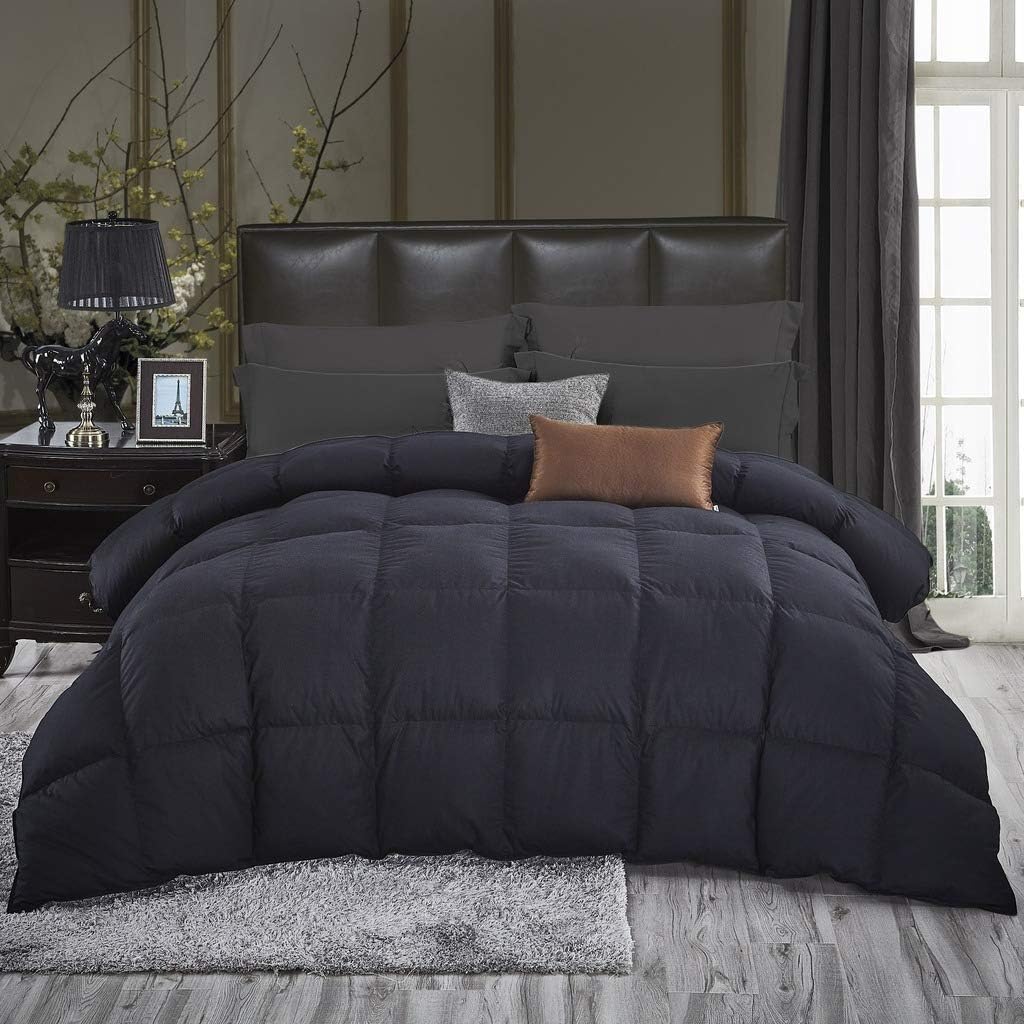 Luxurious All-Season Goose Down Comforter Full Size Duvet Insert, Classic Black, Premium Baffle Box, 1200 Thread Count 100% Egyptian Cotton Cover, 55 oz Fill Weight (Full, Black)