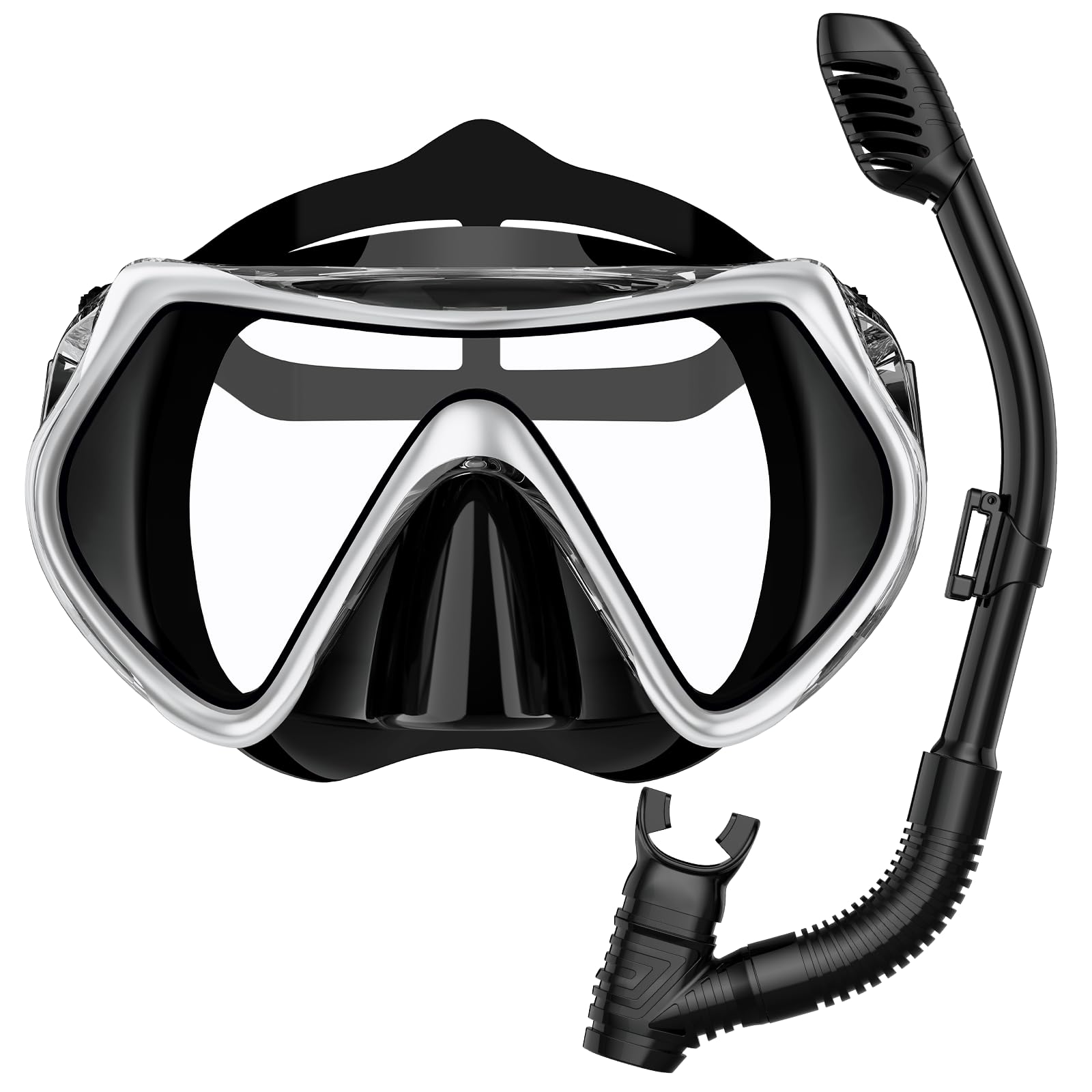 BuyCard Snorkel Mask,180 Degree Panoramic View Dry Top Snorkeling Gear，Safe Anti-Leak Anti-Fog Diving Mask, Snorkel Set and Swimming Goggles (Silver, (Ages 6-14))